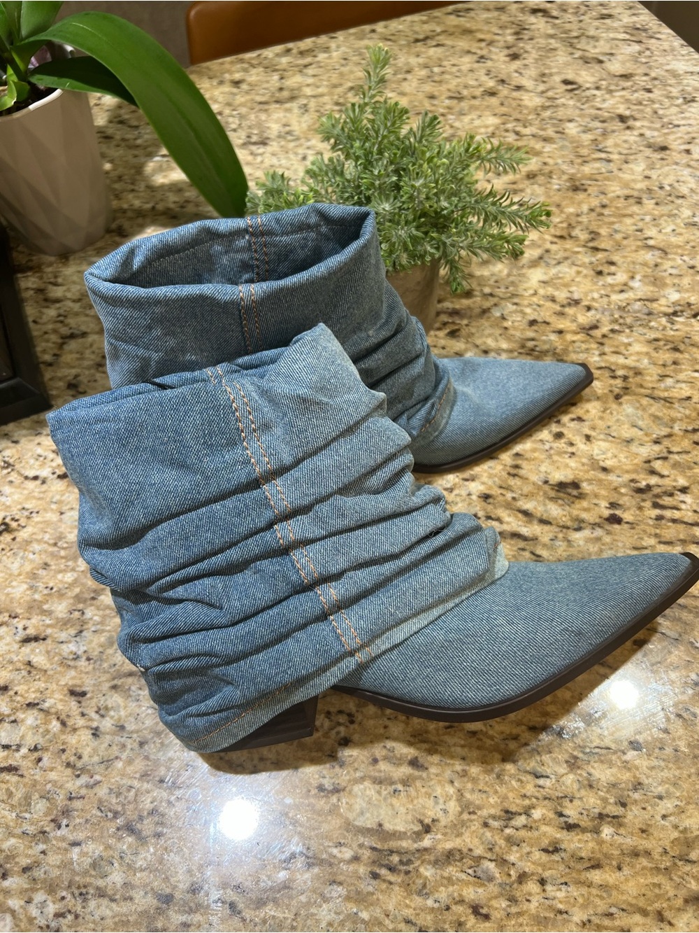 ZARA Denim Mid-Shaft Slouch Heeled Ankle Boots - Blue 39